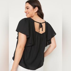 Old Navy Black Linen-Blend Tie-Back Flutter-Sleeve Top NWT